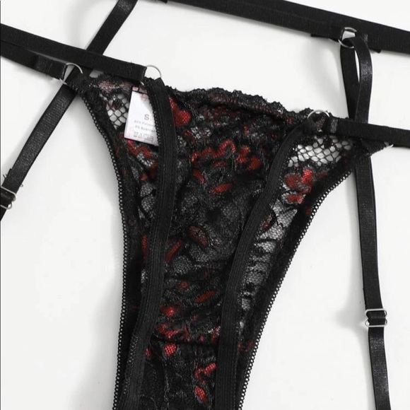 Black Red Lace Transparent Bra Panties Garter Set - Picture 3 of 7